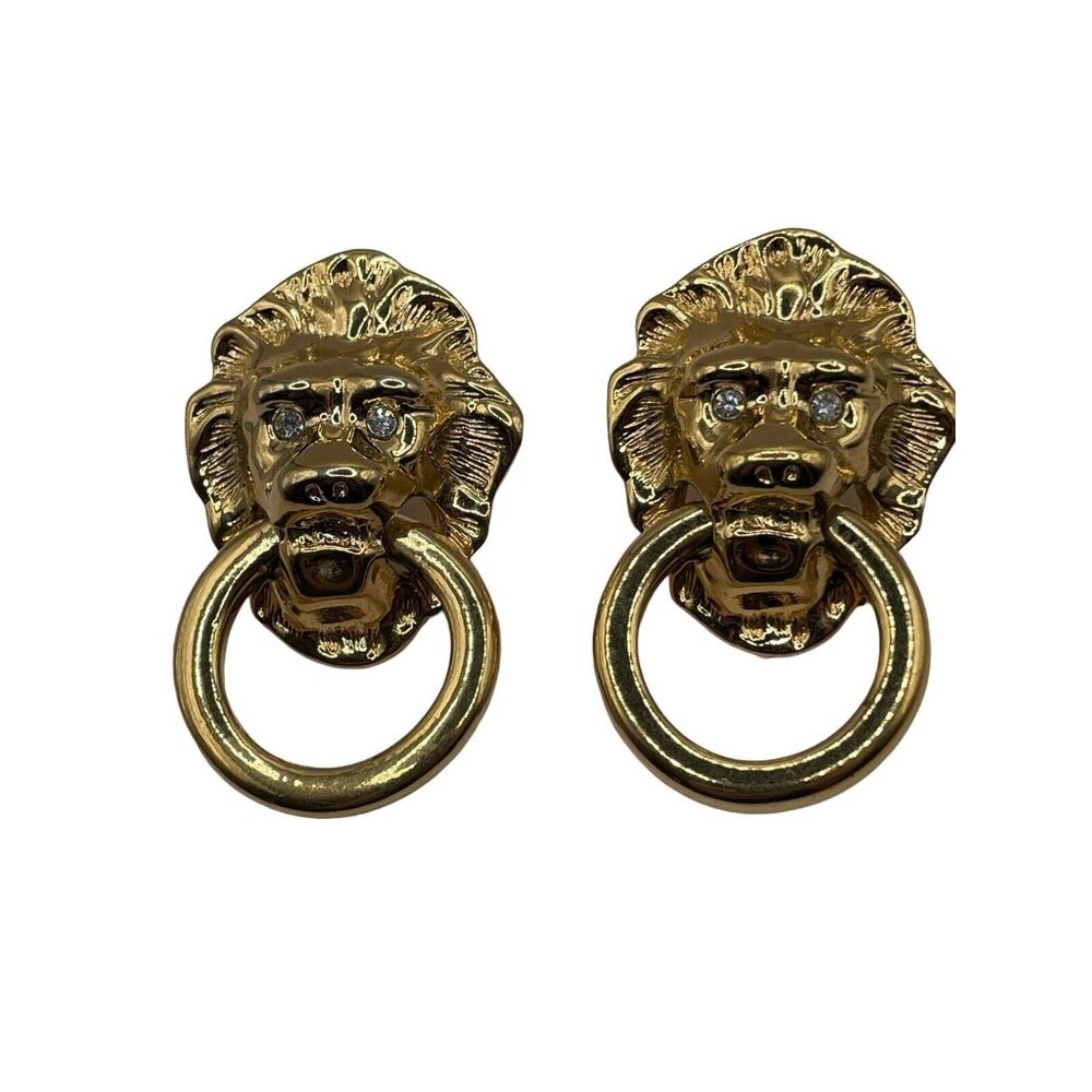 VTG KJL Avon Gold Tone Lion Head Door Knocker Clear Rhinestone Earrings Pierced